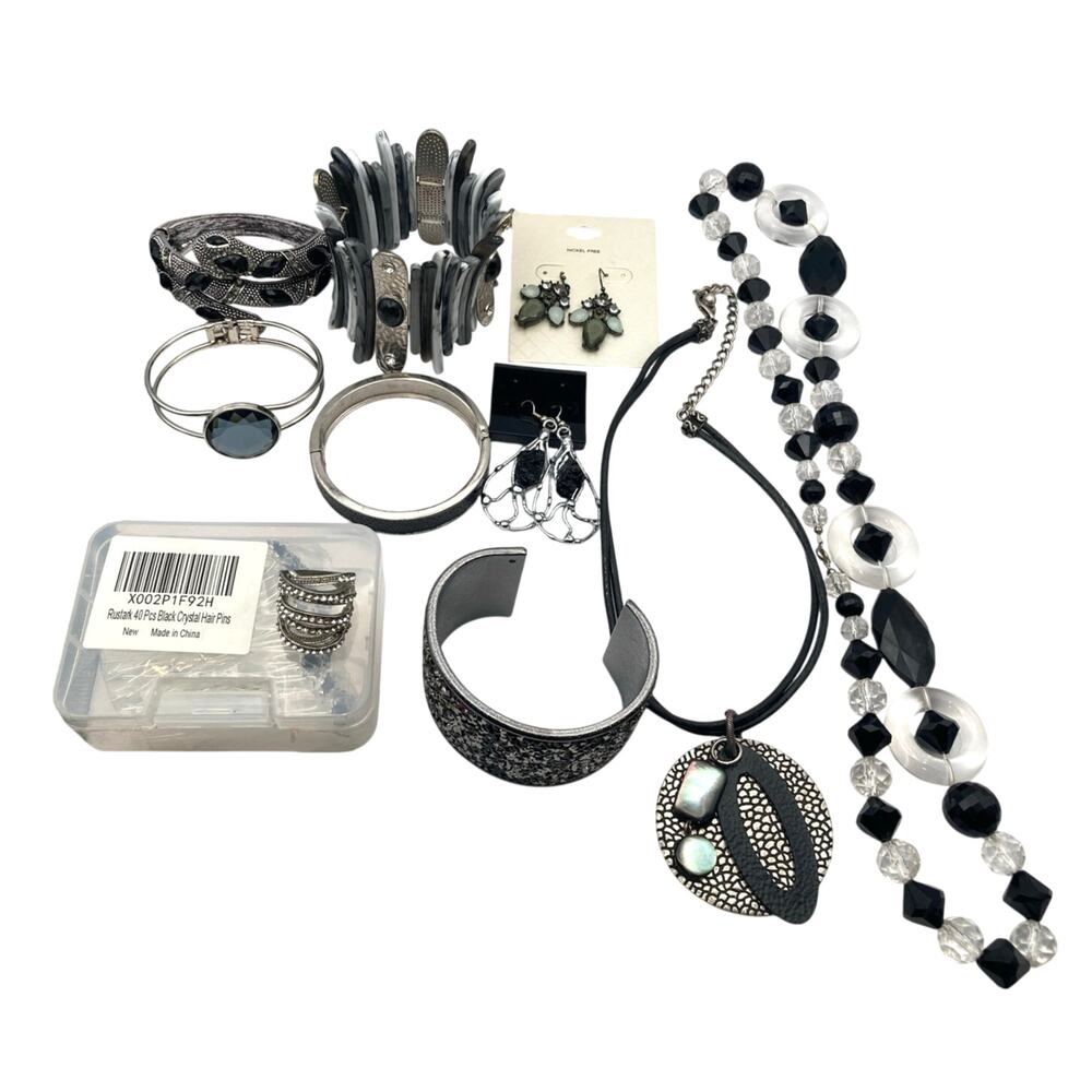 Women's Jewelry Lot Black and Silver Bracelets Ring Necklaces Earrings Hair Pins